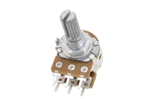 Резистор переменный 6pin(3+3) B20K d=16mm L=20mm стерео (с рифлением + шлиц) 16K2 KC 2x20k