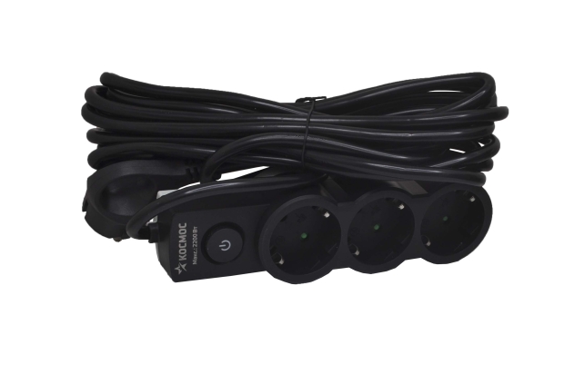 Удлинитель Космос 10A  220V 3 розетки 5м, черный