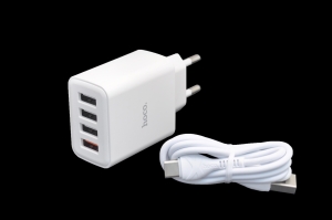 Сетевое зарядное устройство Hoco C102A 4USB, 2.1A, QG3.0, для Type-C,  белое