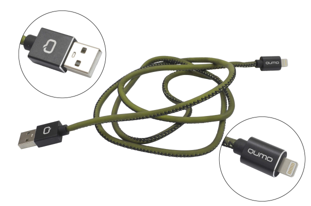 24109 Кабель Qumo USB-Apple 8pin, 1.0м,USB 2.0, 5B, 2.1A, металл. коннектор, черно-зеленый