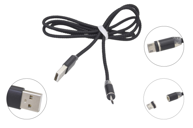 16506 Кабель USB - microUSB круглый с магнитом в полиур. обмотке, черный